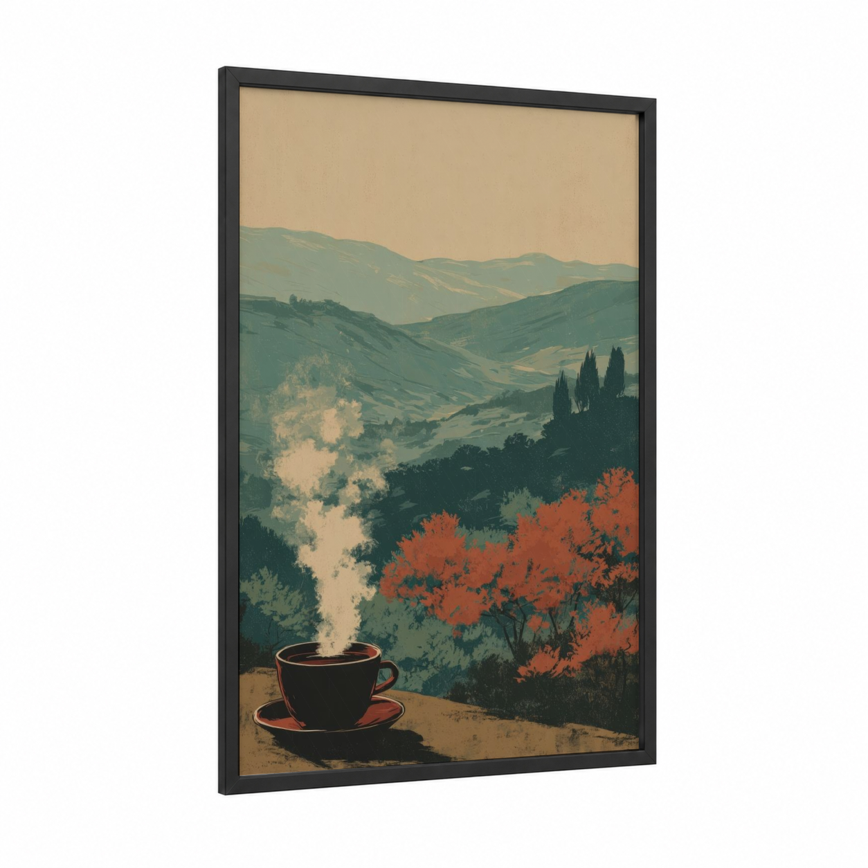 Tuscan Coffee View framed art print — black wood frame — sage green and russet palette