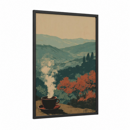Tuscan Coffee View framed art print — black wood frame — sage green and russet palette