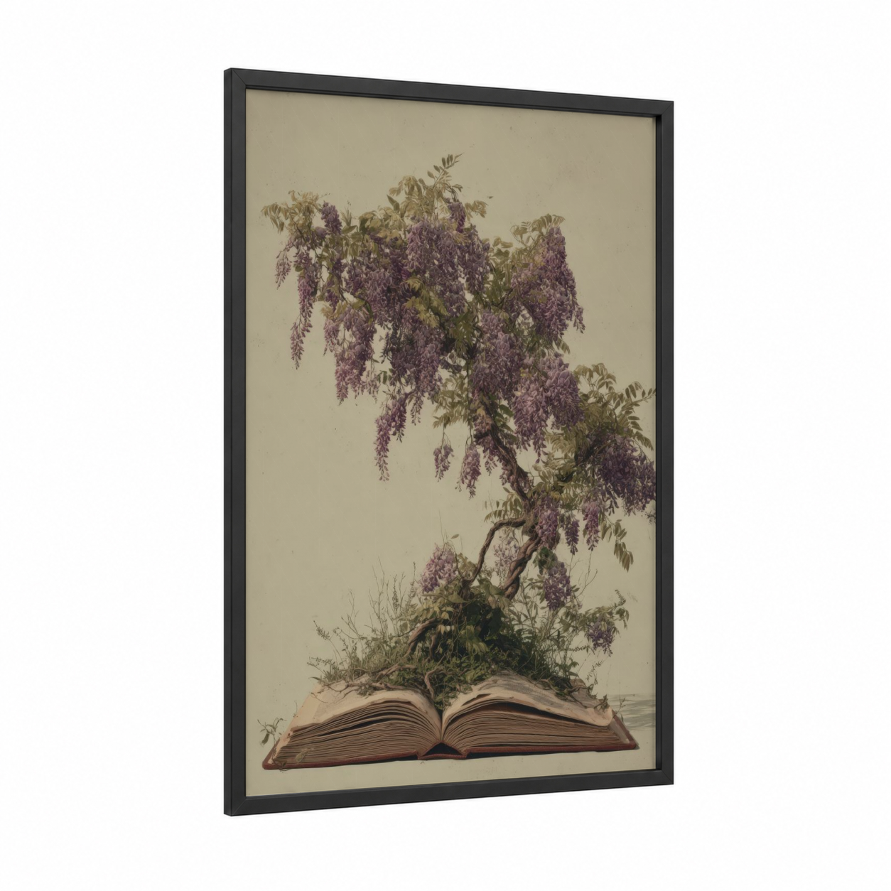 Wisteria Book framed art print — black wood frame — cream and maroon palette