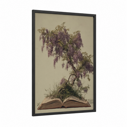 Wisteria Book framed art print — black wood frame — cream and maroon palette