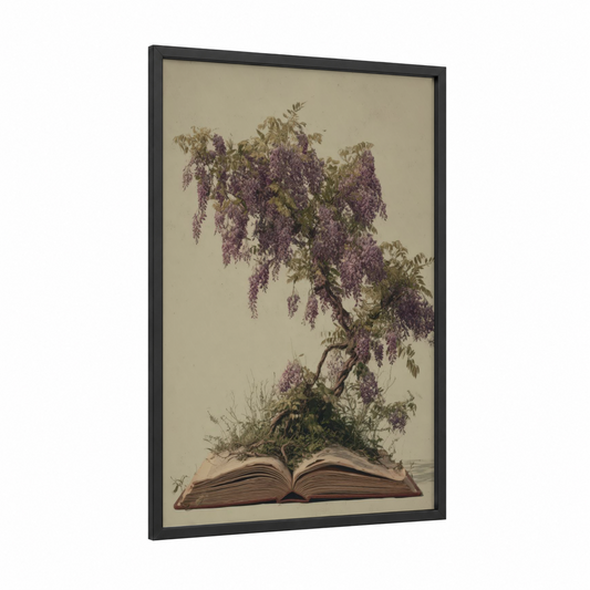 Wisteria Book framed art print — black wood frame — cream and maroon palette