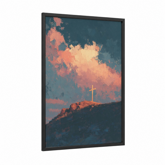 Golden Hilltop Cross framed christian symbols print — black wood frame — salmon pink and dark blue palette