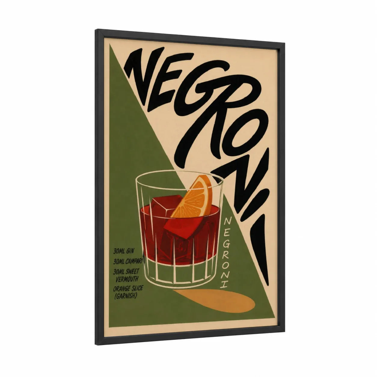 Negroni Cocktail Retro Bar Wall Art framed art print — black wood frame — beige and olive palette