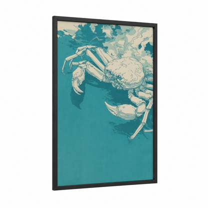 Turquoise Crab framed art print — black wood frame — turquoise and cream palette