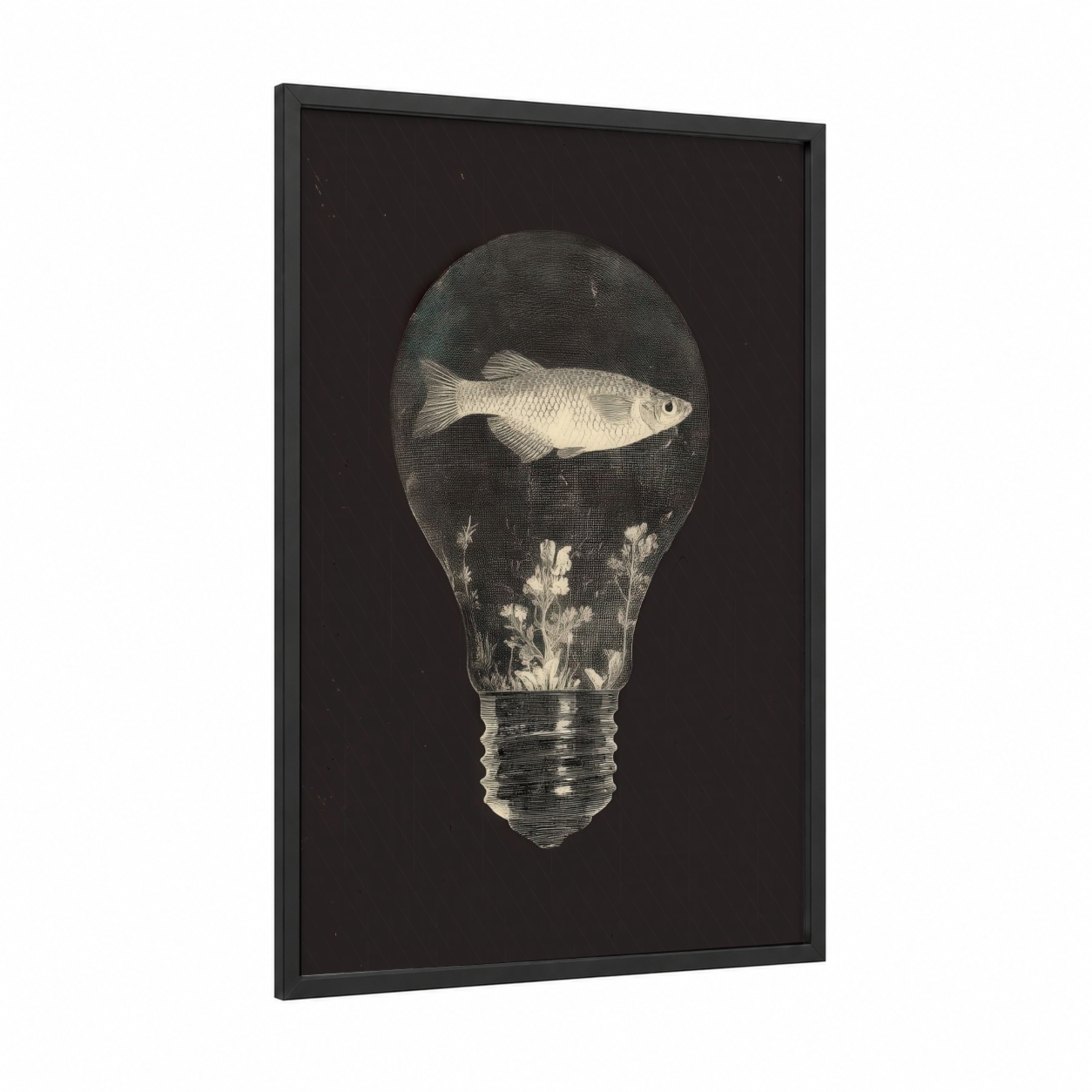 Lightbulb Zebrafish framed art print — black wood frame — black and white and gray palette