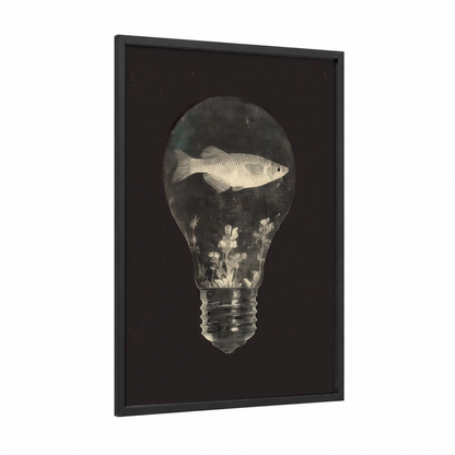 Lightbulb Zebrafish framed art print — black wood frame — black and white and gray palette