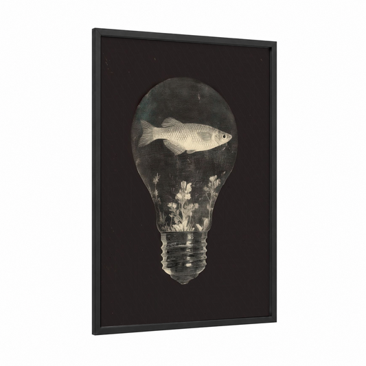 Lightbulb Zebrafish framed art print — black wood frame — black and white and gray palette