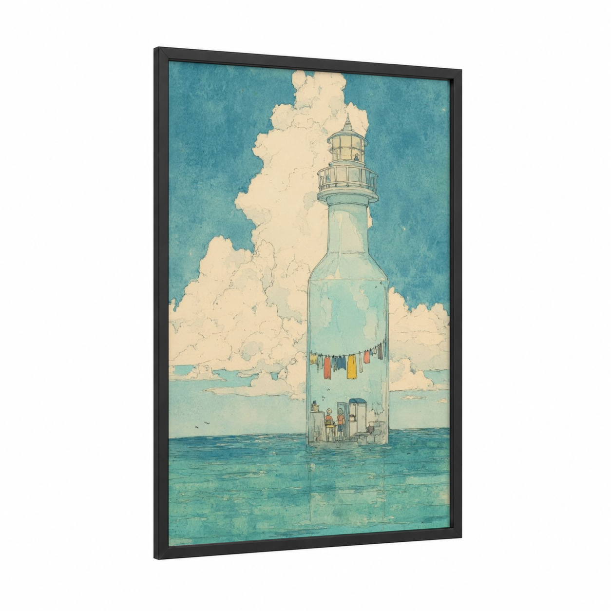 Seaside Lighthouse framed art print — black wood frame — turquoise and cream palette