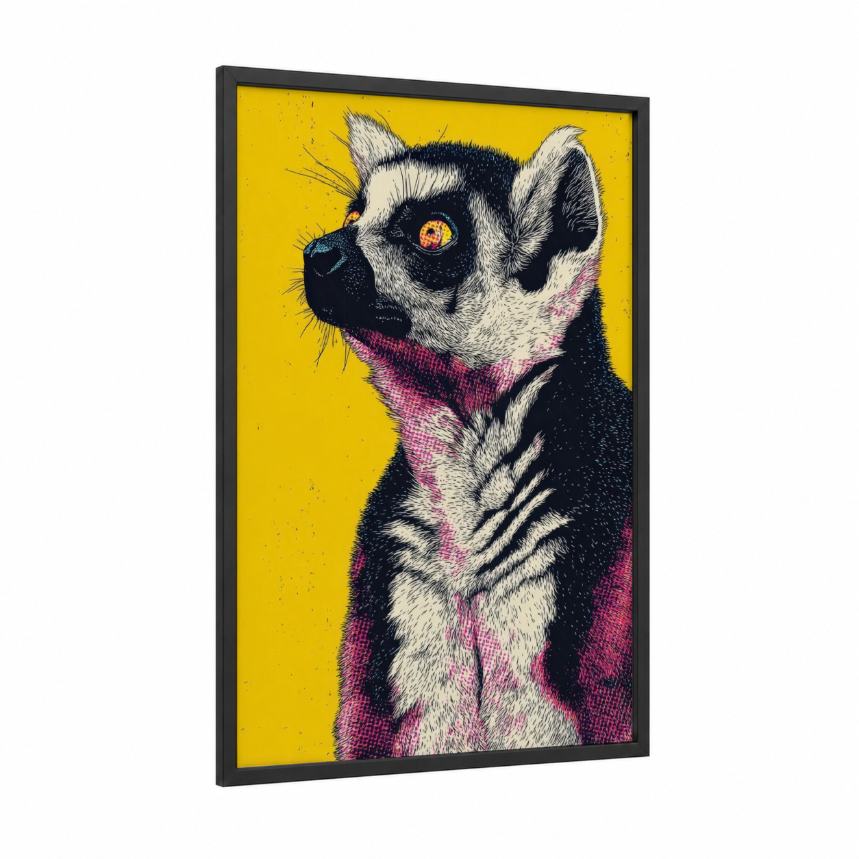Golden-Eyed Lemur framed art print — black wood frame — yellow gold and magenta palette