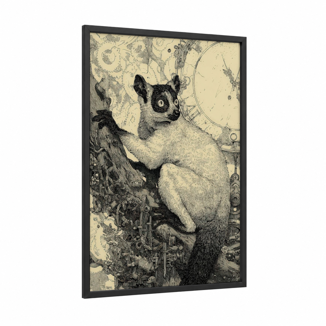Steampunk Lemur framed art print — black wood frame — black and white and cream palette