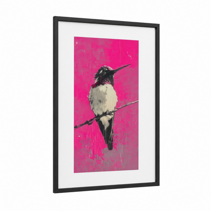 Magenta Hummingbird framed art print — black wood frame — magenta and black and white palette
