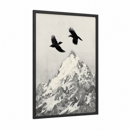Alpine Ravens framed crows and ravens print — black wood frame — black and white and gray palette