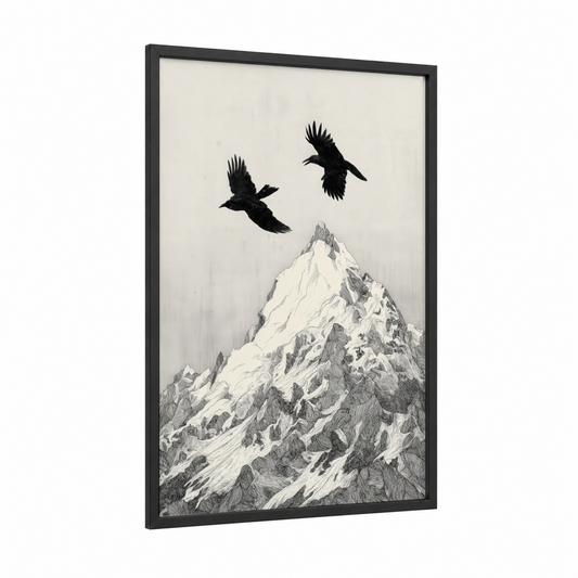 Alpine Ravens framed crows and ravens print — black wood frame — black and white and gray palette