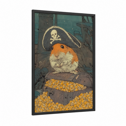 Pirate Guinea Pig framed art print — black wood frame — teal and gold palette