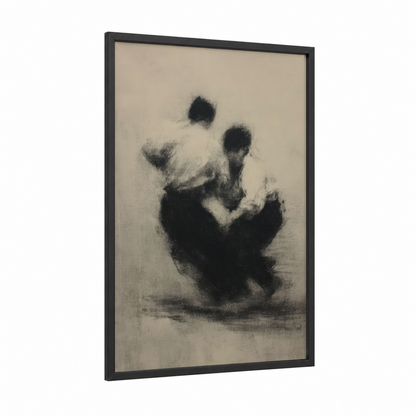 Dynamic Grapple framed jiu jutsu print — black wood frame — black and white and gray palette