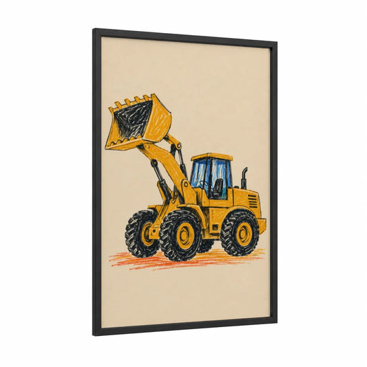 Yellow Construction Loader Kids Wall Art framed truck print — black wood frame — yellow gold and blue palette