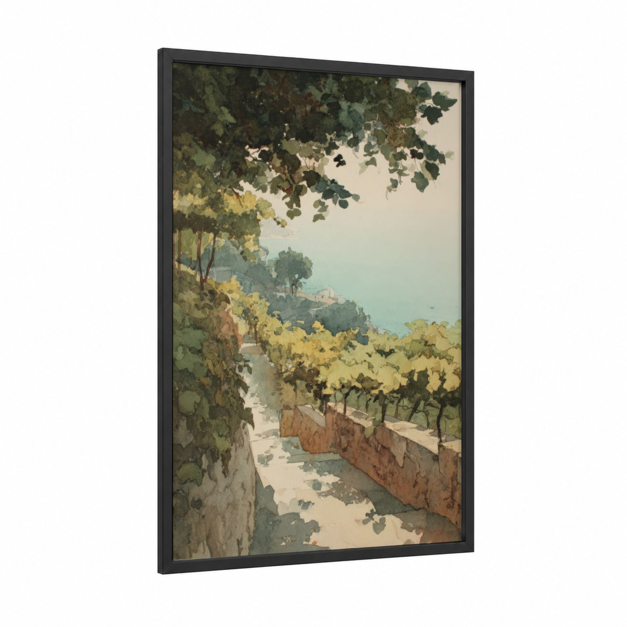Tuscan Vineyard framed vineyards print — black wood frame — sage green and cream palette