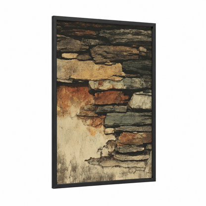 Rustic Stone Wall framed natural stones print — black wood frame — russet and cream palette