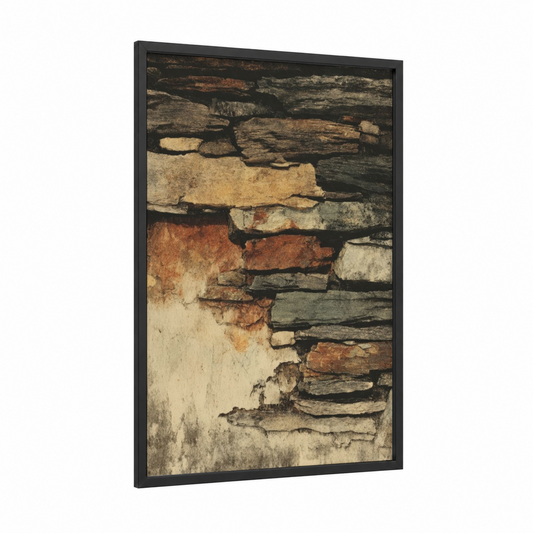 Rustic Stone Wall framed natural stones print — black wood frame — russet and cream palette