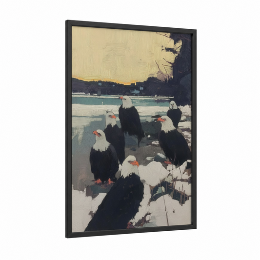 Winter Eagles Gathering framed art print — black wood frame — teal and white palette