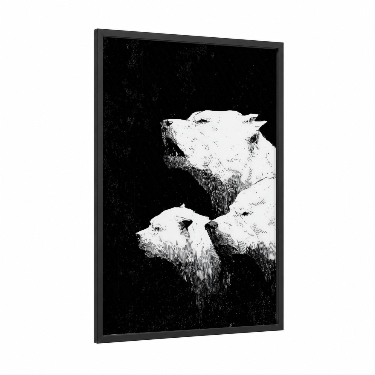 Guardian Cerberus framed art print — black wood frame — black and white palette