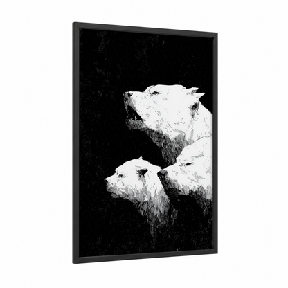 Guardian Cerberus framed art print — black wood frame — black and white palette
