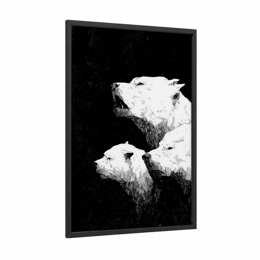 Guardian Cerberus framed art print — black wood frame — black and white palette