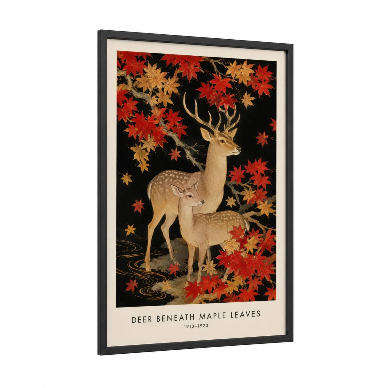 Deer Beneath Maple Leaves Wall Art framed art print — black wood frame — red and gold palette