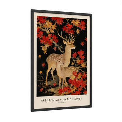 Deer Beneath Maple Leaves Wall Art framed art print — black wood frame — red and gold palette