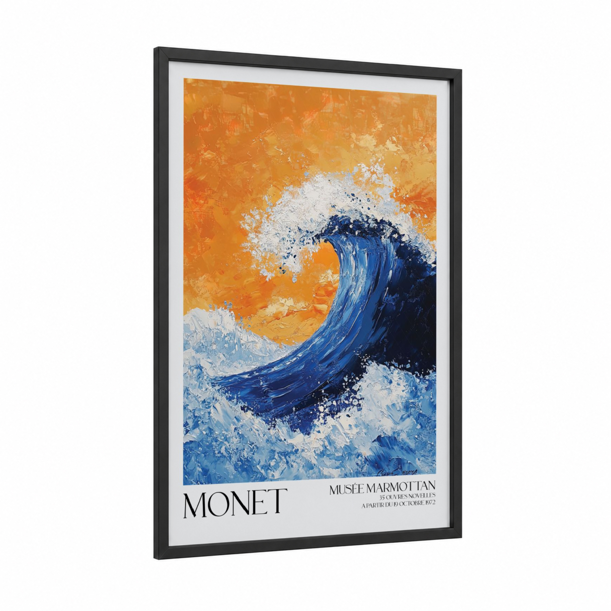 Golden Wave Study framed seascapes and ocean print — black wood frame — orange and blue palette