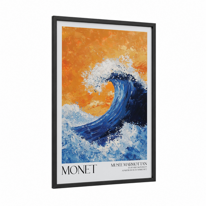 Golden Wave Study framed seascapes and ocean print — black wood frame — orange and blue palette