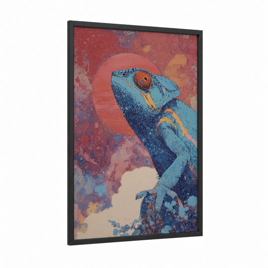 Turquoise Chameleon framed art print — black wood frame — turquoise and red palette