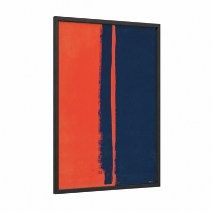 Crimson Division framed abstract expressionism print — black wood frame — red and dark blue palette