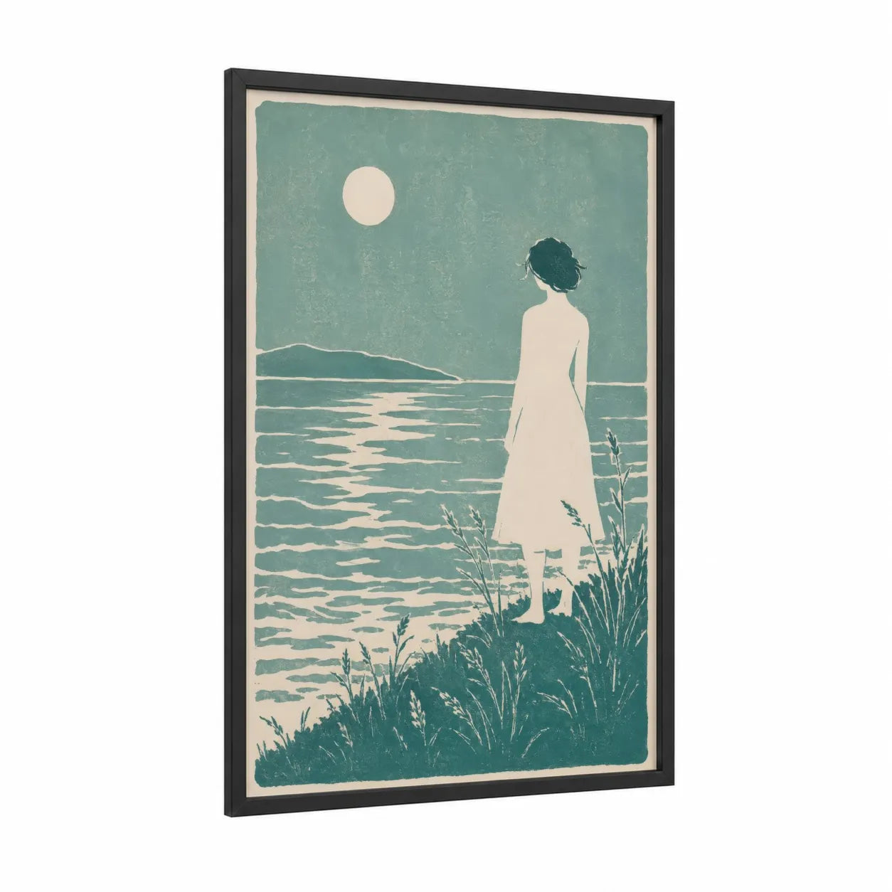 Coastal Moonlight Serenity Wall Art framed seascapes and ocean print — black wood frame — teal and cream palette