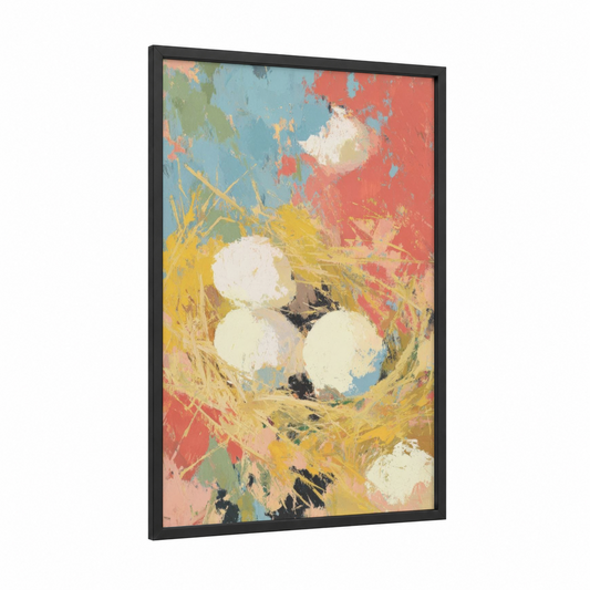 Pastel Nest Celebration framed easter print — black wood frame — blue and gold and salmon pink palette