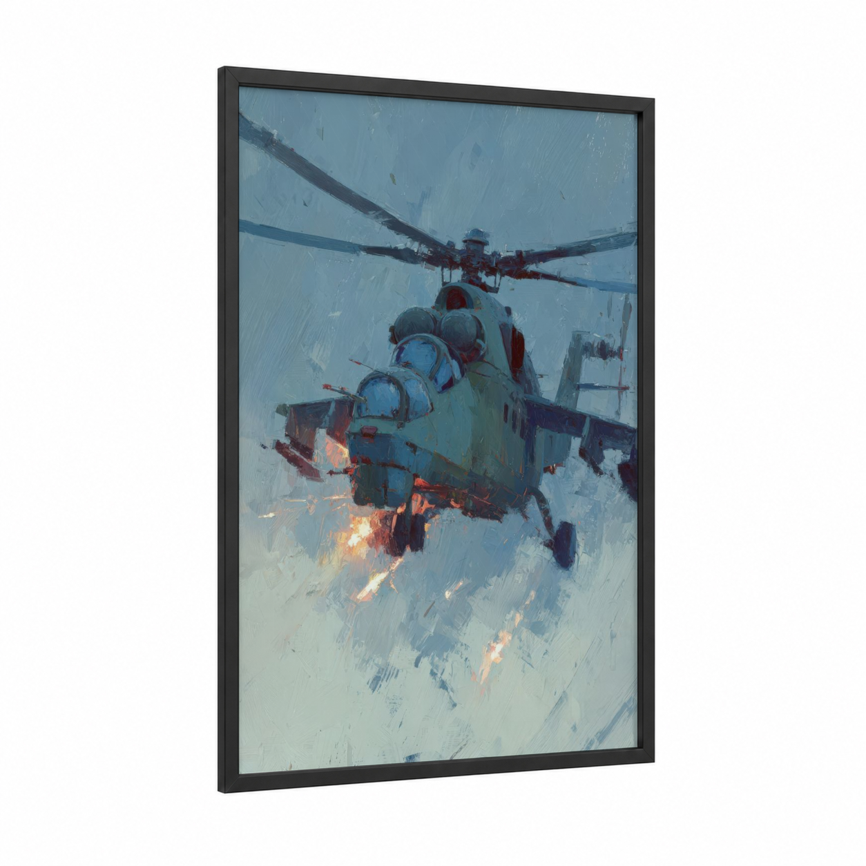 Combat Helicopter framed art print — black wood frame — blue and white and orange palette