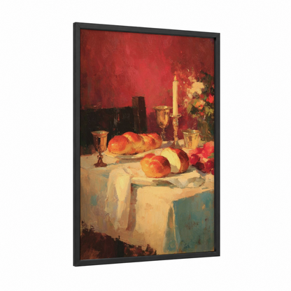 Shabbat Table framed judaism print — black wood frame — red and gold palette