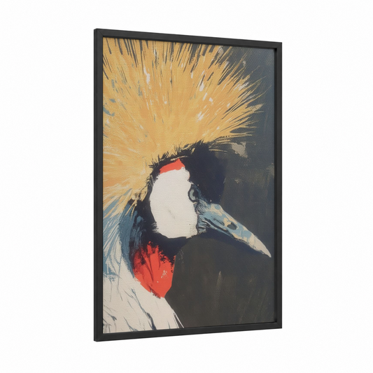 Golden Crowned Crane framed art print — black wood frame — yellow gold and black palette
