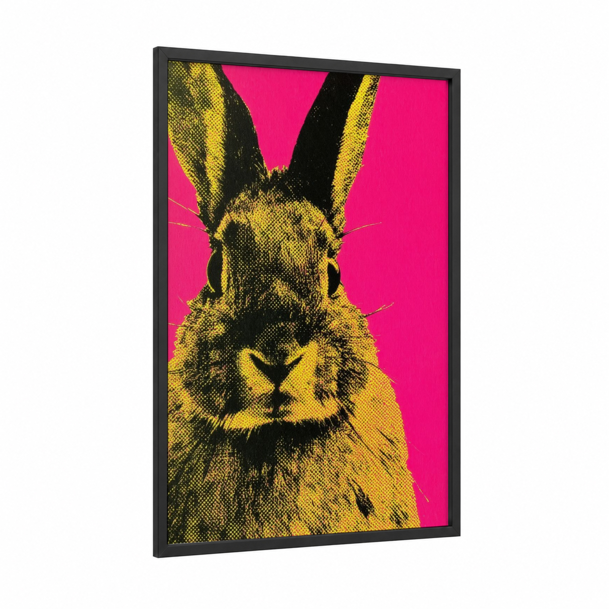 Pop Art Rabbit framed art print — black wood frame — yellow gold and magenta palette