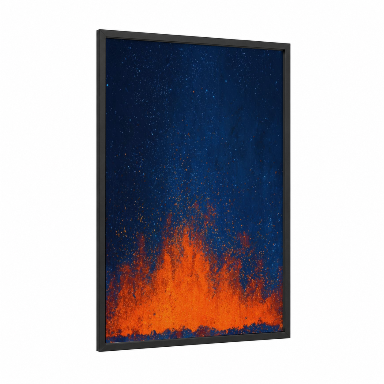Cosmic Fireplace framed art print — black wood frame — orange and dark blue palette
