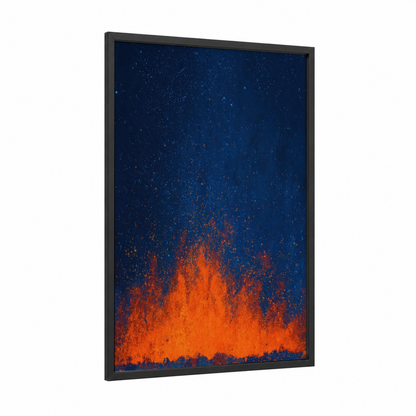 Cosmic Fireplace framed art print — black wood frame — orange and dark blue palette