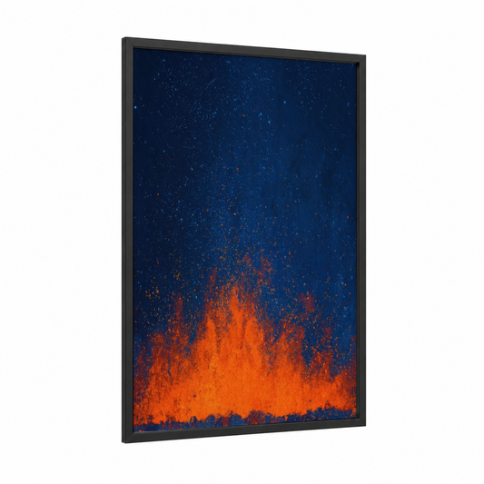 Cosmic Fireplace framed art print — black wood frame — orange and dark blue palette