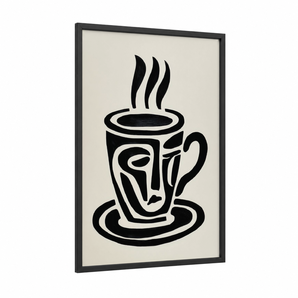 Artistic Coffee Cup framed art print — black wood frame — black and white and cream palette