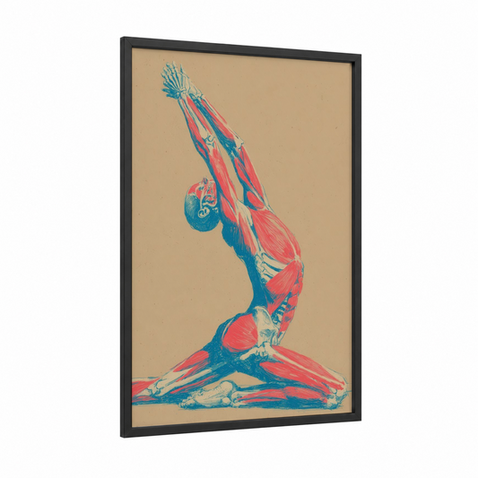 Anatomical Yoga Pose framed fitness yoga print — black wood frame — blue and salmon pink palette