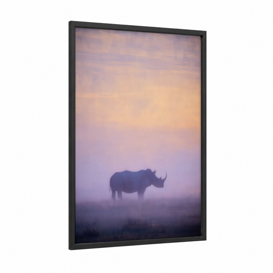 Misty Rhino framed art print — black wood frame — peach and lavender palette