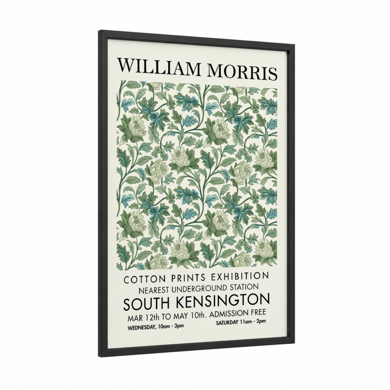 Morris Floral Pattern framed abstract flower print — black wood frame — cream and sage green palette