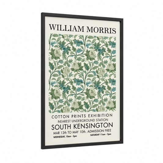 Morris Floral Pattern framed abstract flower print — black wood frame — cream and sage green palette