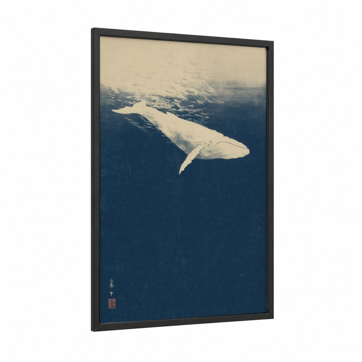 Diving Gray Whale framed art print — black wood frame — blue and white palette