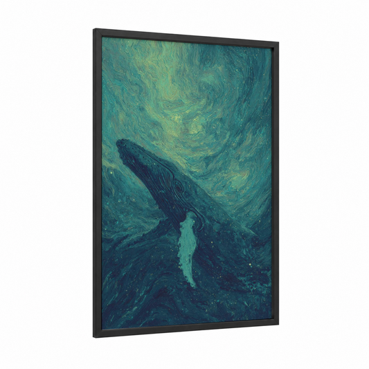 Celestial Whale framed humpback whale print — black wood frame — teal and green palette