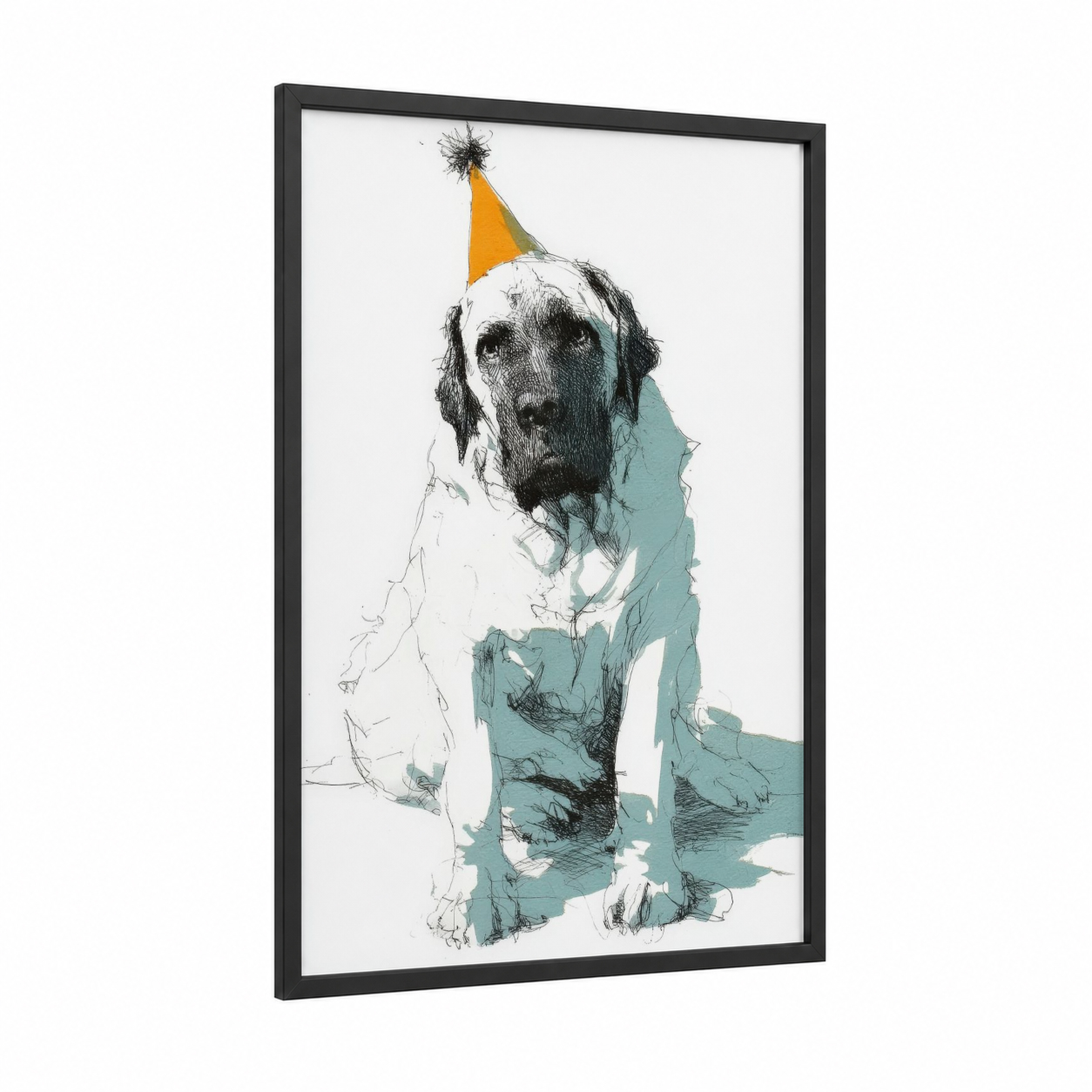 Party Mastiff framed art print — black wood frame — teal and gold palette